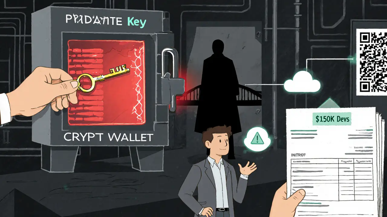 A broken private key beside a stolen crypto wallet, with a small business owner ignoring expensive blockchain setup.