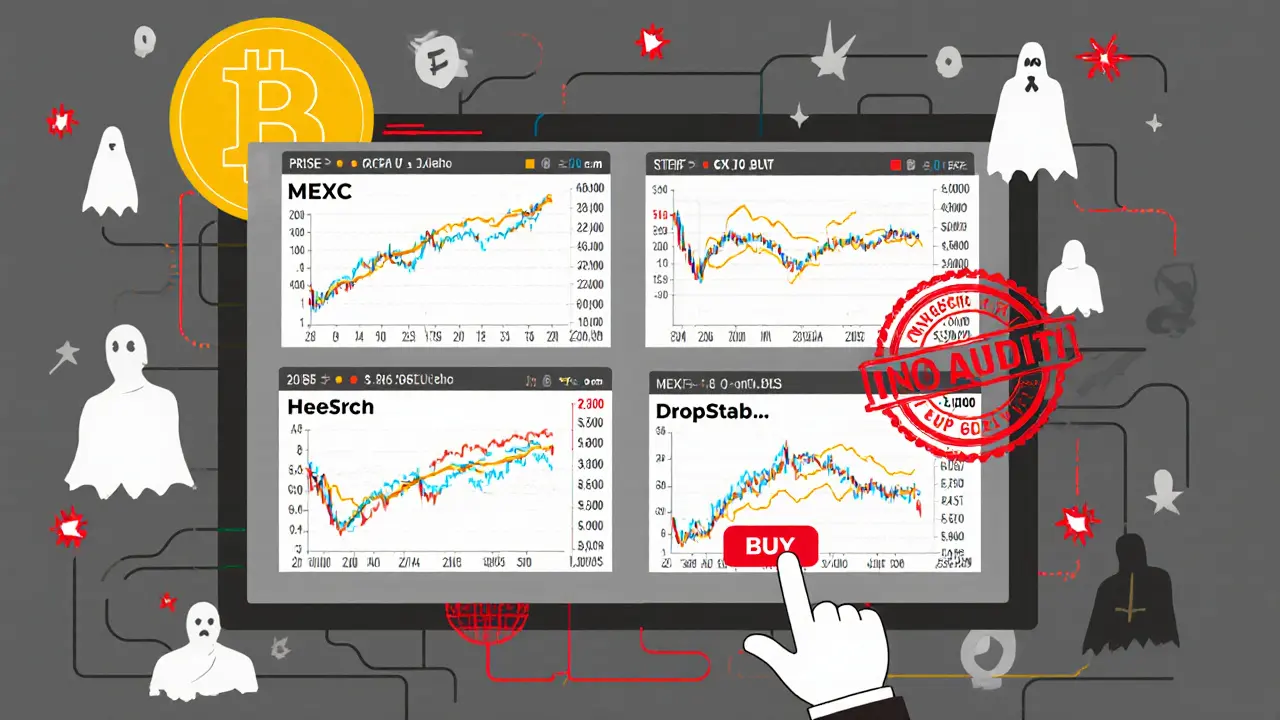A chaotic trading dashboard with conflicting CRX prices and a hesitant buyer near a &#039;NO AUDIT&#039; stamp.