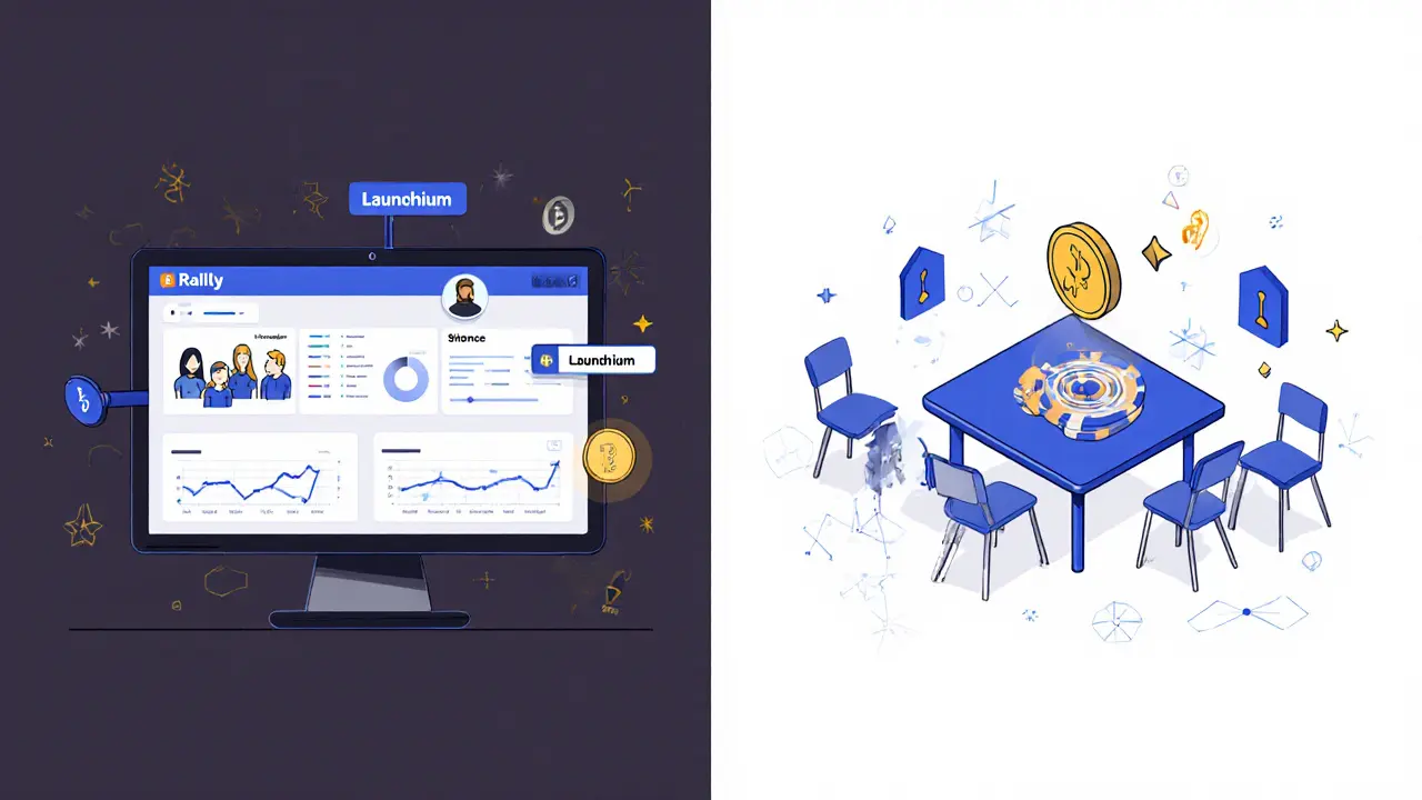 A functional social token platform contrasts with a hollow shell labeled Launchium, showing real users vs. gambling chips.