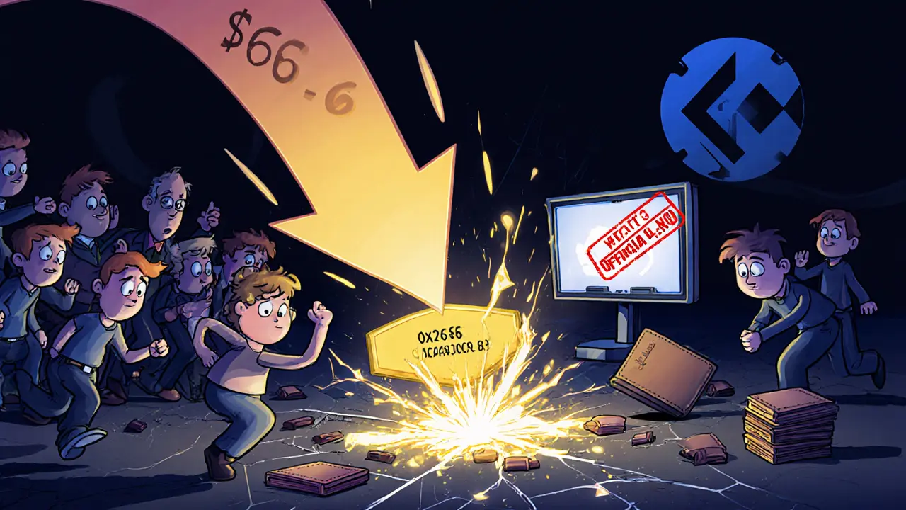 A massive price crash arrow hitting a low CRX price tag as investors flee, with a glowing contract address.