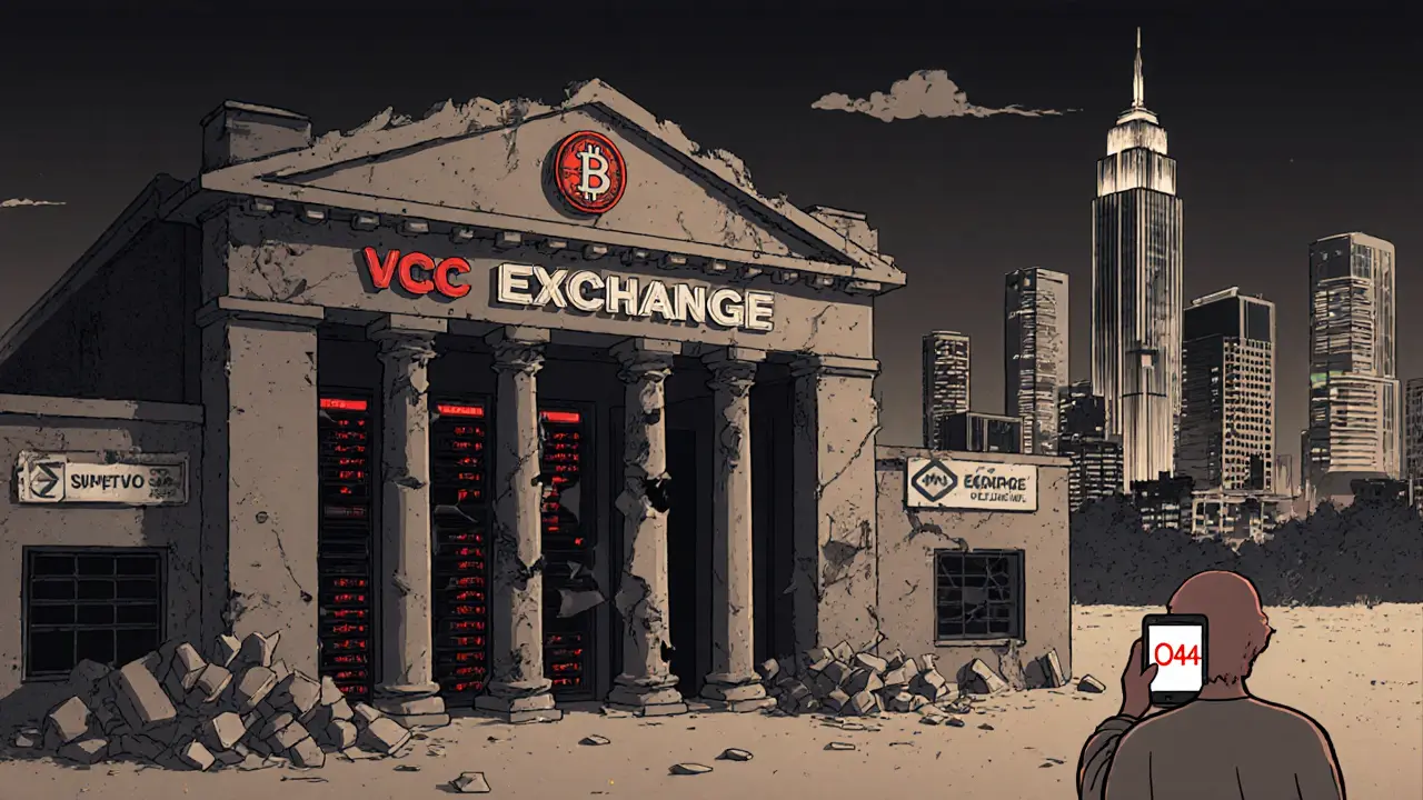 Abandoned VCC Exchange building with fading logo, user facing error screen, while modern exchanges glow in the distance.