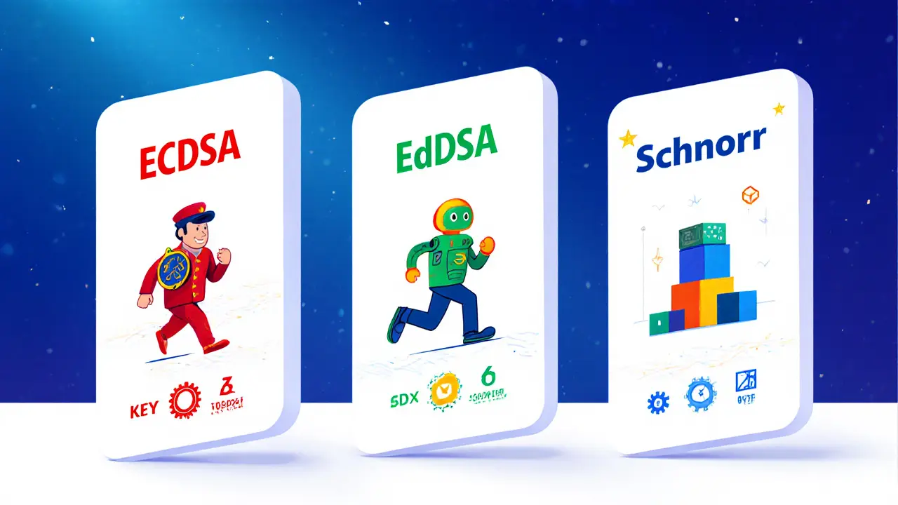 Cartoon diagram comparing ECDSA, EdDSA, and Schnorr signatures with key and signature sizes.