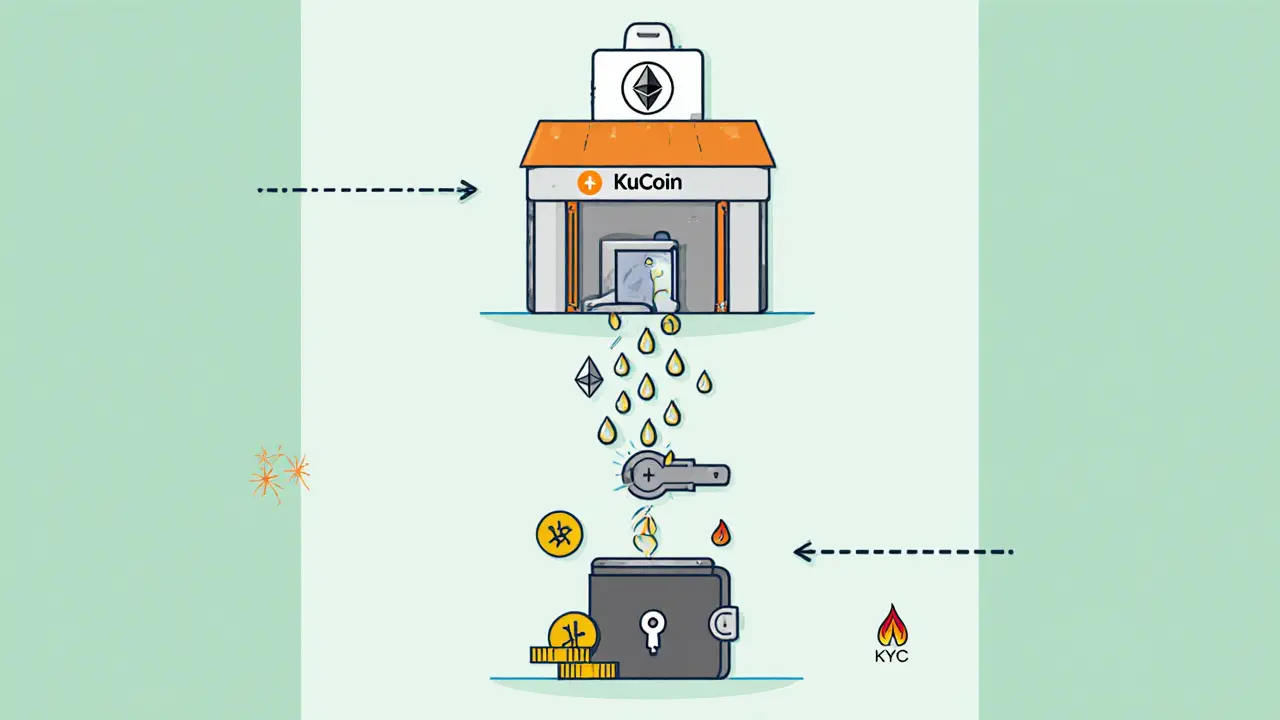 Cartoon diagram of wallet setup, ETH purchase, and KuCoin trade for YMS tokens.