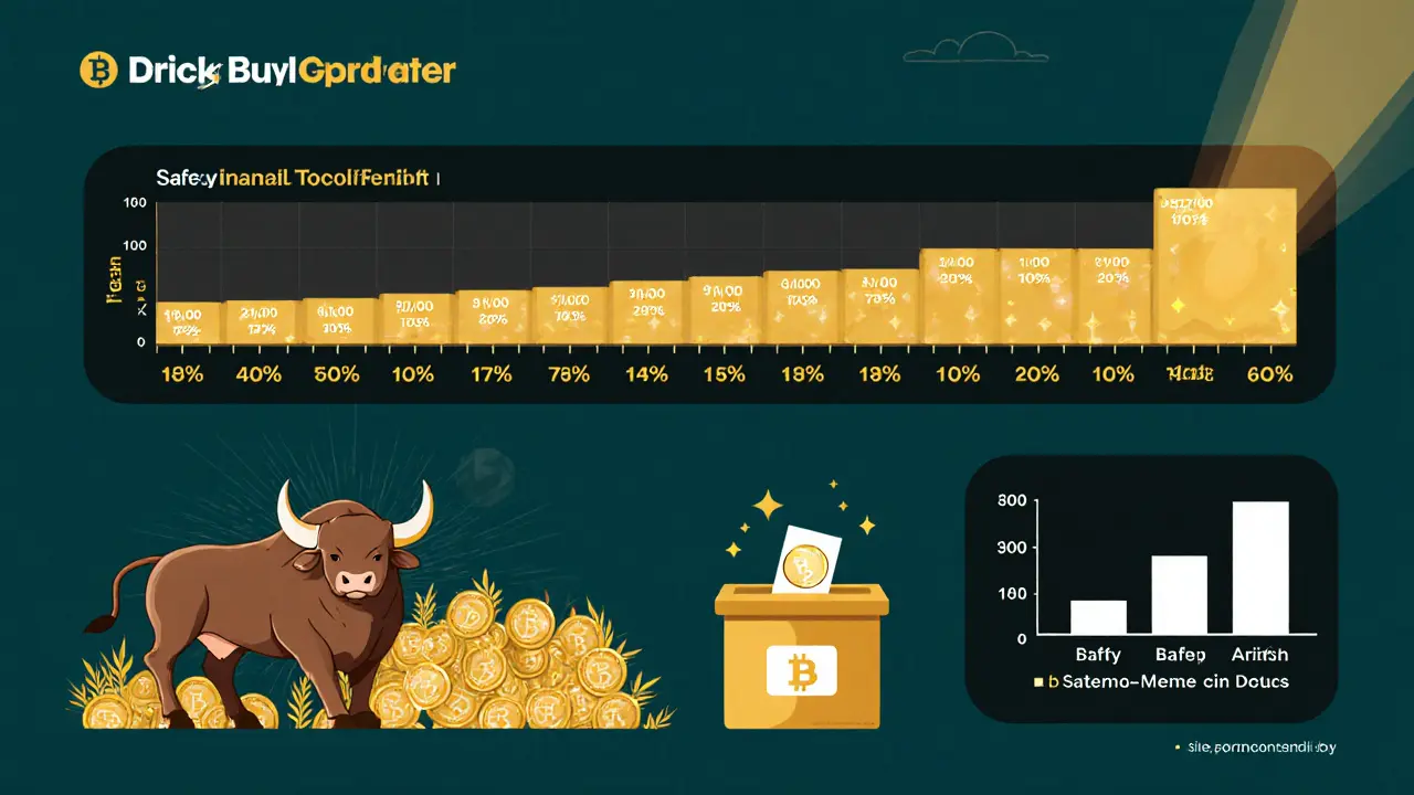 Cartoon illustration of BULL token vesting timeline, staking farm, governance ballot and tokenomics overview.