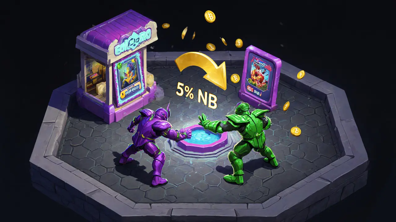Cartoon illustration of EpicHero 3D NFT heroes battling, showing NFT sale fee to BNB pool.