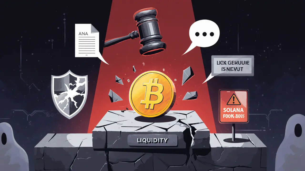 Cartoon of cracked platform, broken audit shield, and regulatory warnings.