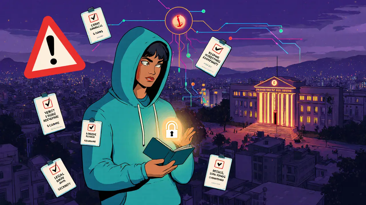 Cartoon safety checklist with a user holding a hardware wallet, warning symbols, and a city backdrop hinting at a future digital currency.