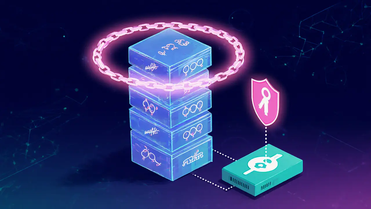 Cartoon scene of a futuristic blockchain with aggregated and quantum‑resistant signatures.