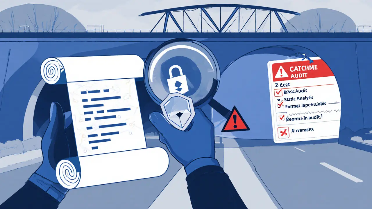 Cartoon showing a user with hardware wallet, shield, contract code under magnifying glass, and missing audit badge.