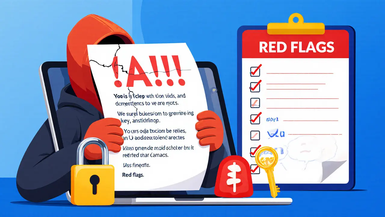 Cartoon showing common POTS airdrop scam warnings and checklist of red flags.