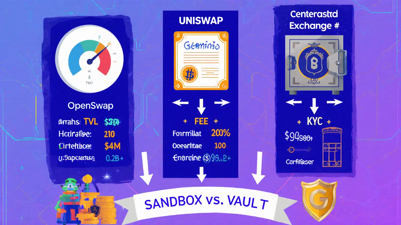 Cartoon side‑by‑side comparison of OpenSwap, Uniswap, and Gemini with TVL bars, fee tags, and security icons.