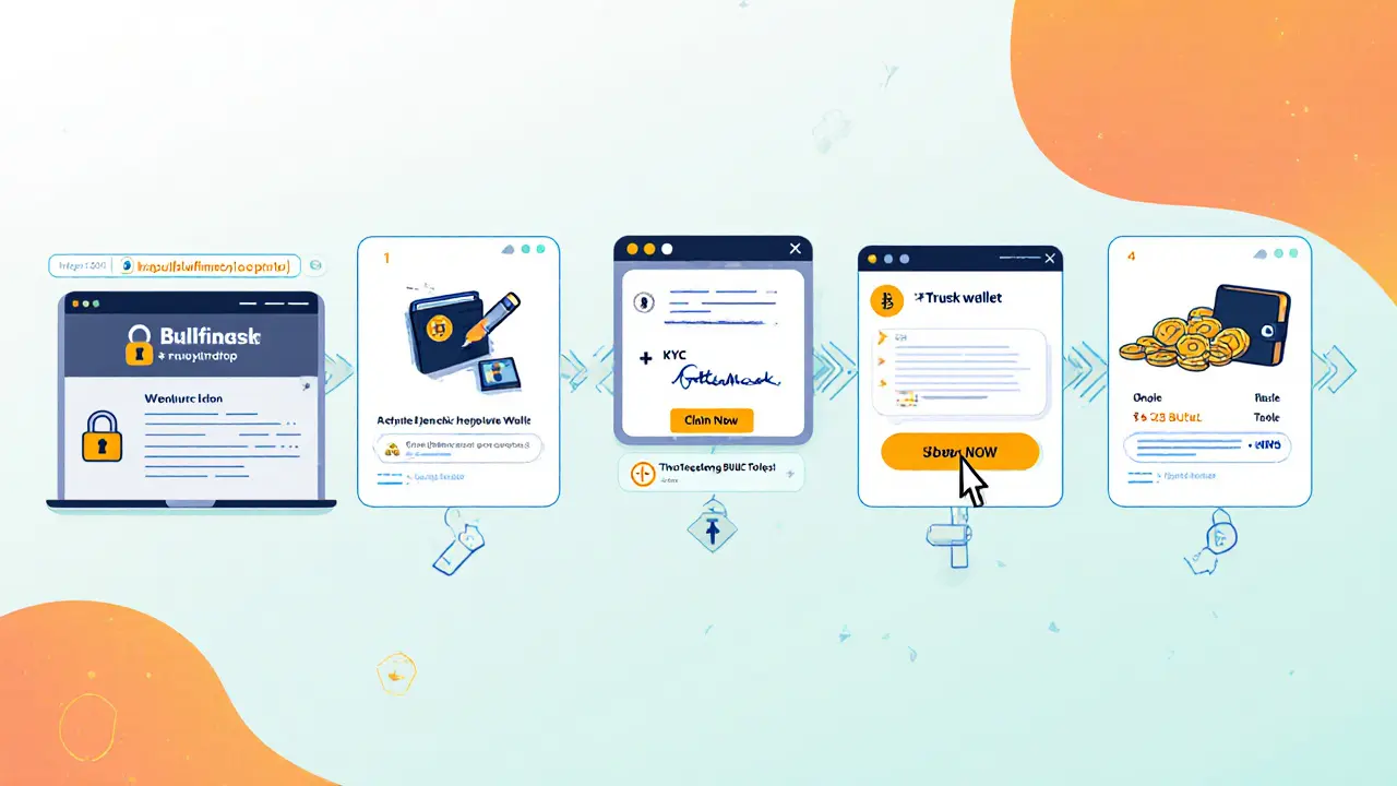 Cartoon step‑by‑step illustration of claiming BULL tokens via the official portal, wallet connection, KYC signature, and claim button.