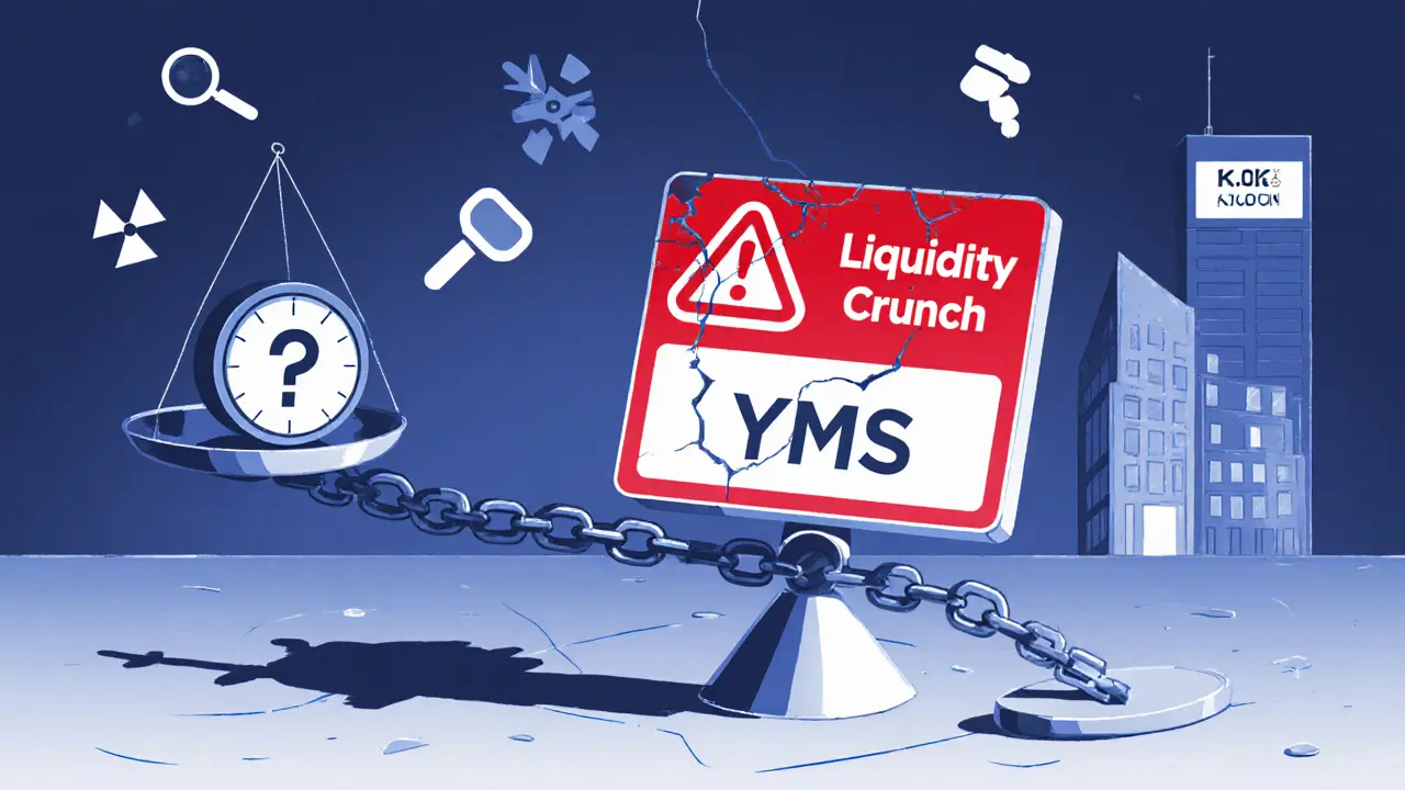 Cartoon warning scene showing liquidity risk, broken chain, and caution symbols for YMS.