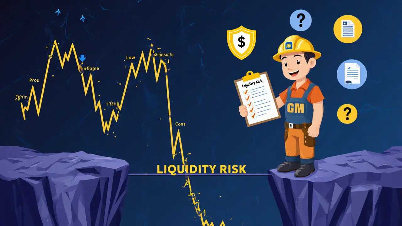 Chart with volatile GM price, miner on a thin bridge over a liquidity risk gap.