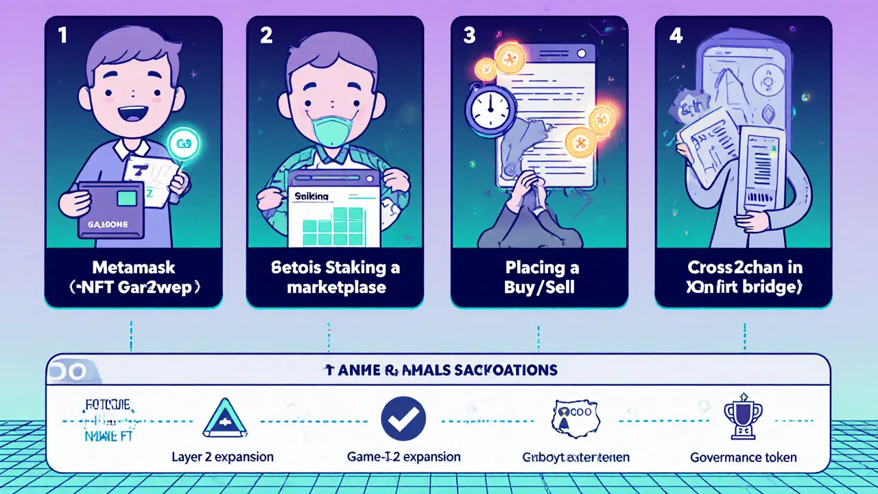 Comic‑style checklist showing wallet, staking, marketplace activity, IGO participation, and roadmap.