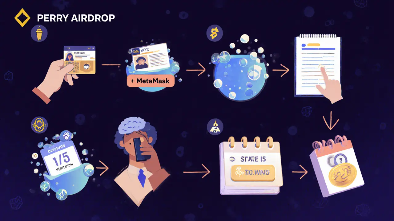 Comic‑style steps: connect wallet, KYC, retweet, stake BNB, snapshot, claim.