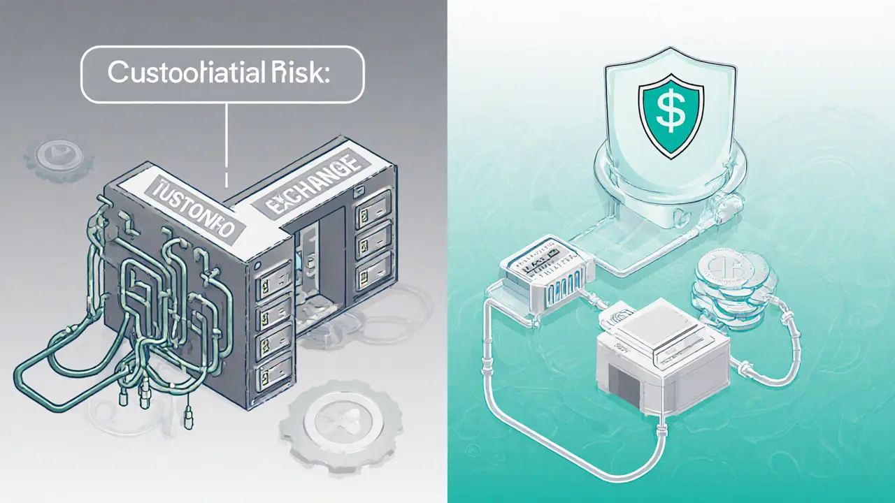 Comparison of custodial vs non-custodial crypto exchange systems in clean technical illustration style.