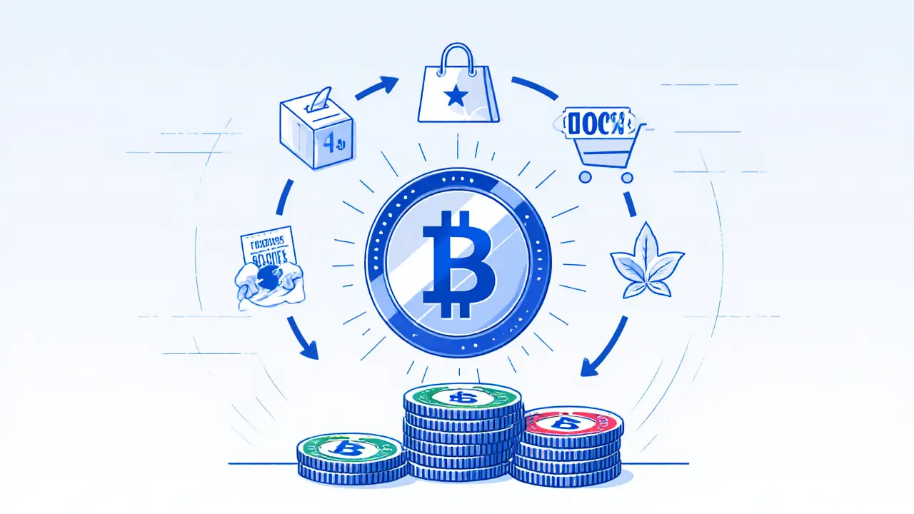 Diagram with a token surrounded by icons for voting, discounts, tickets, and staking.