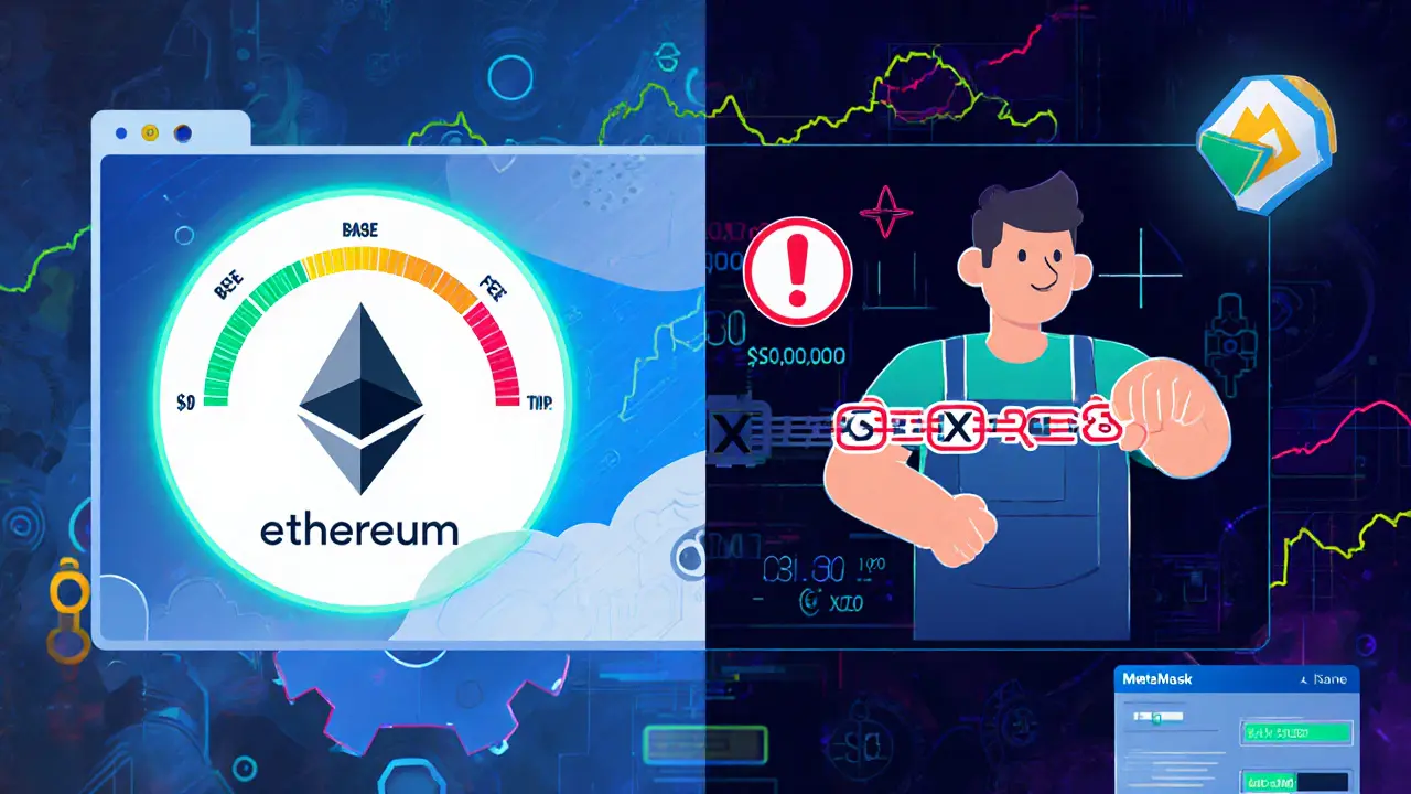 Ethereum fee system with base fee meter, priority tip, and stuck transaction chain.