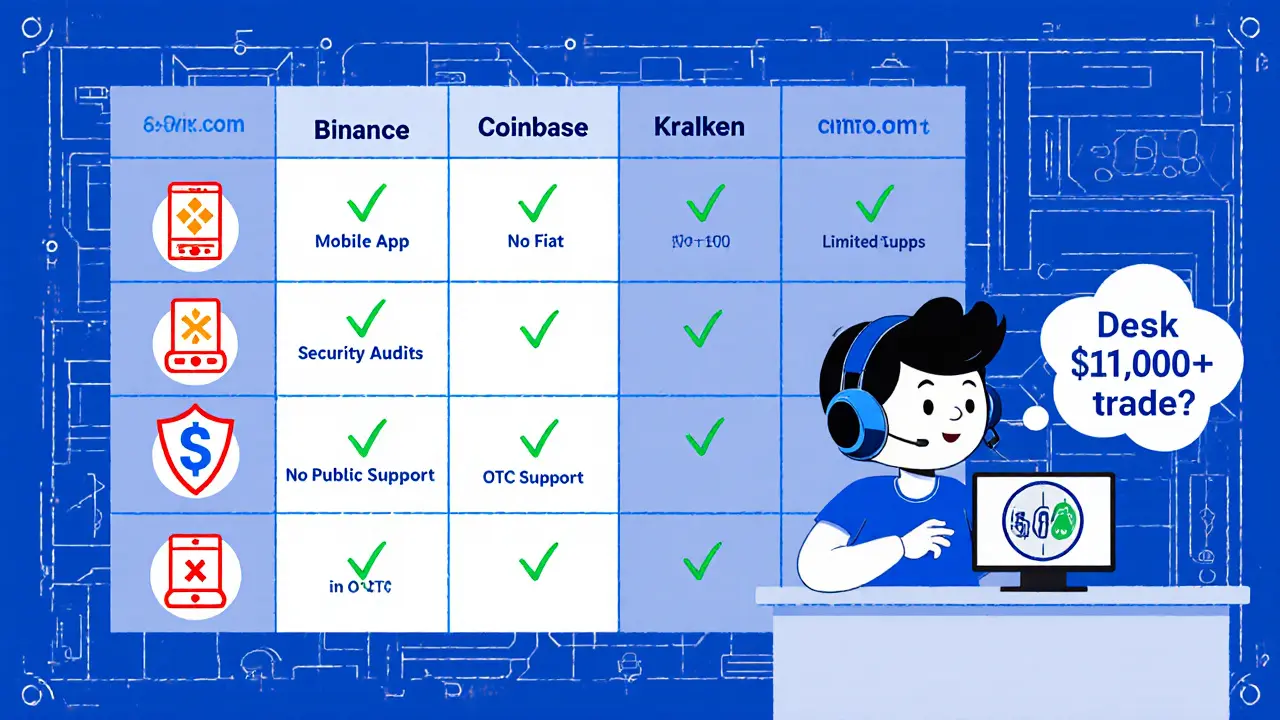 Feature comparison table showing 6x.com missing mobile app, fiat, audits, and support versus other exchanges.