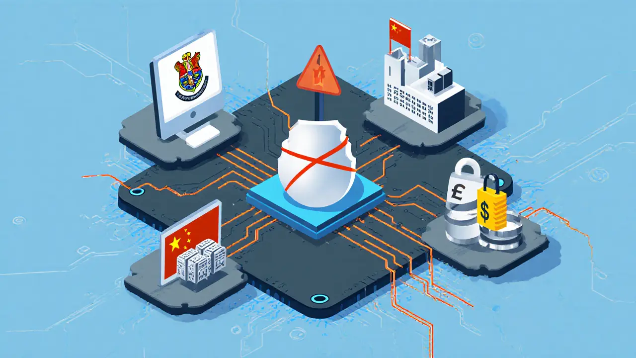 Four Chinese agency icons connected by a circuit board network blocking crypto traffic.