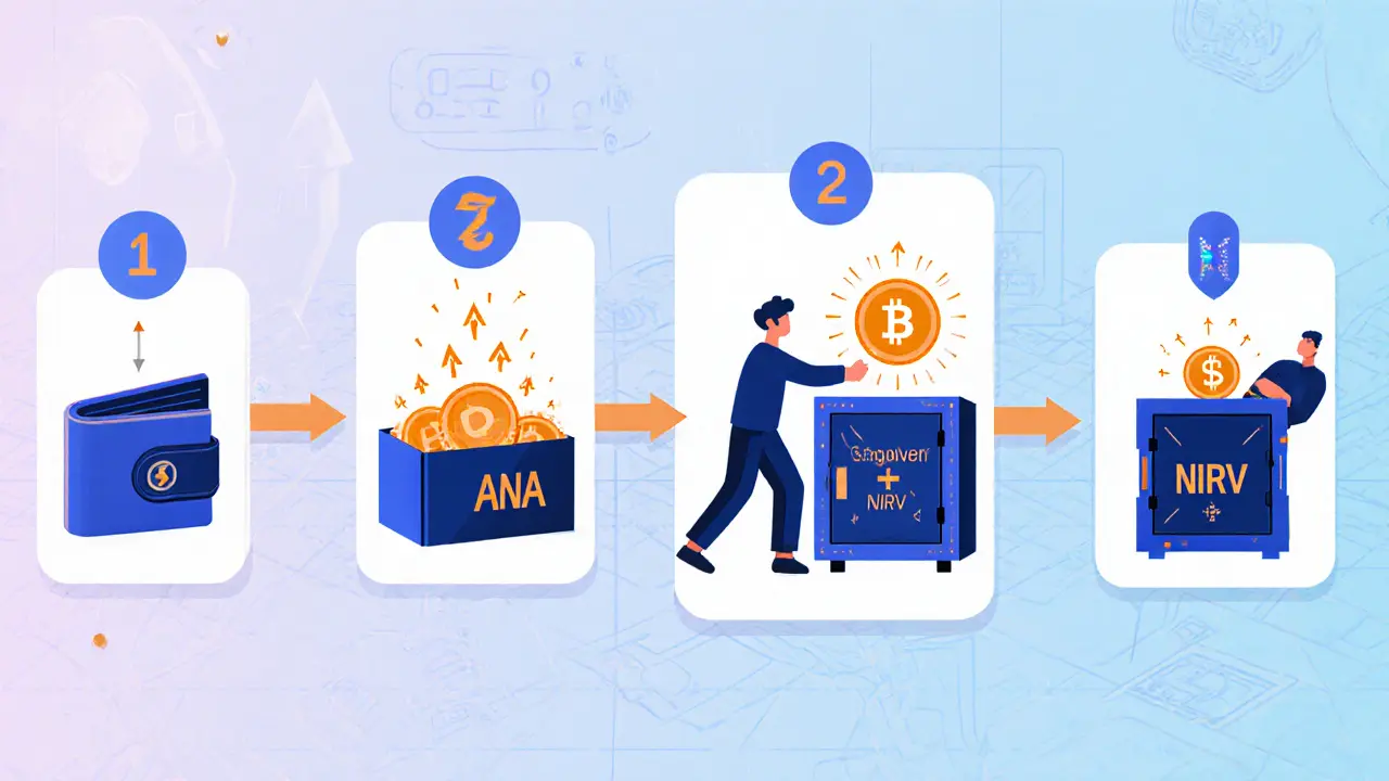 Four‑panel cartoon shows ANA deposit, NIRV minting, loan, and repayment.