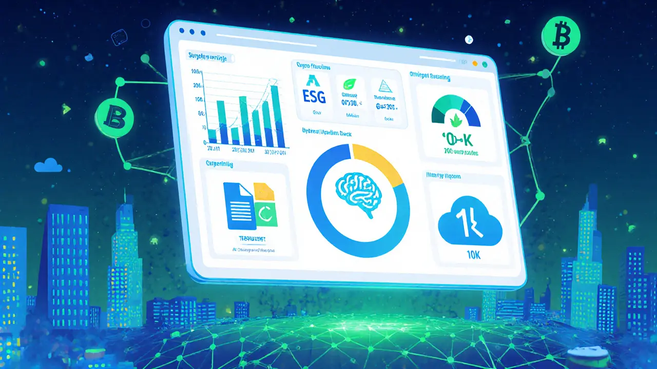 Futuristic dashboard illustrating tokenomics, on‑chain data, ESG, and AI analysis.