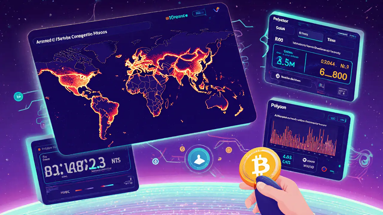 Global mempool dashboard showing congestion, Solana crash, and user switching chains.