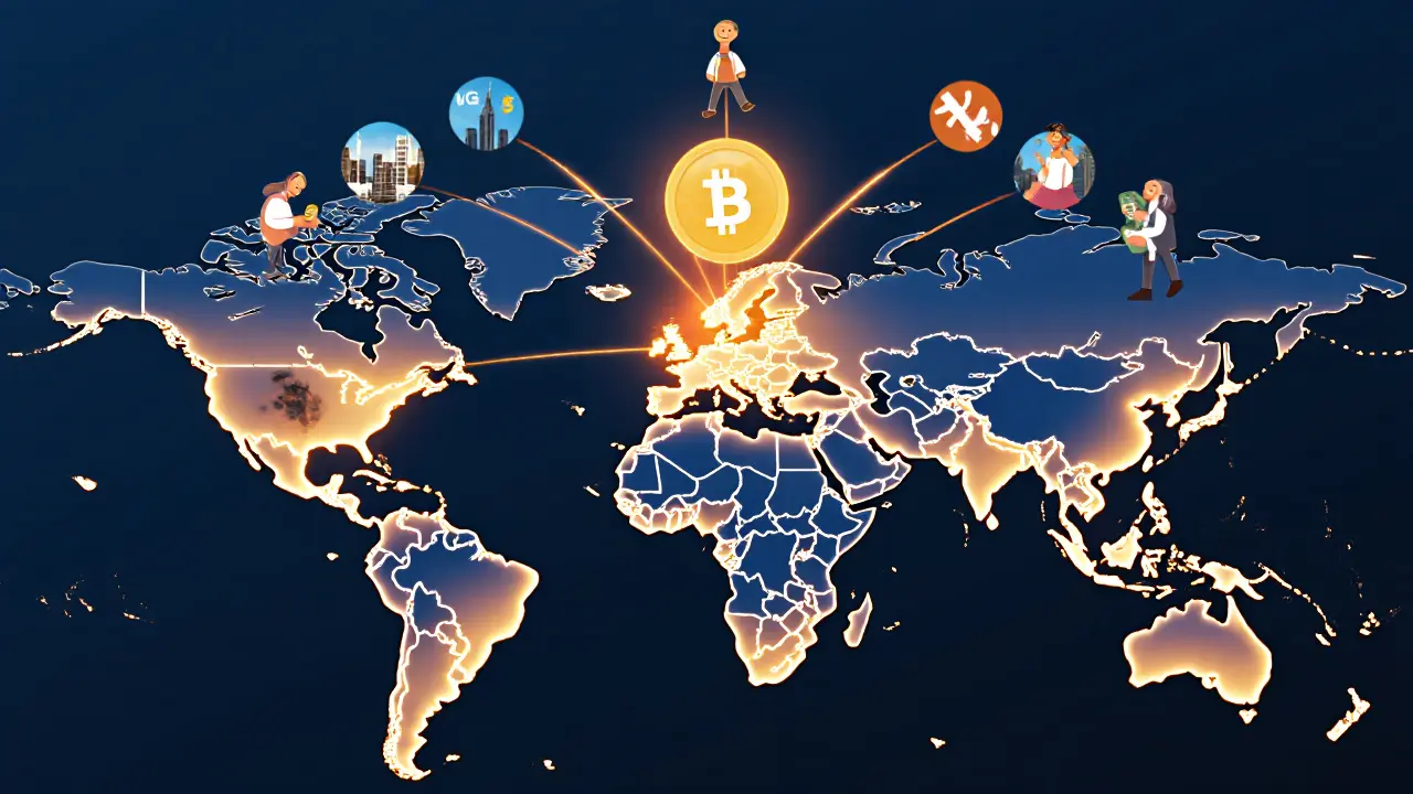 Global network of crypto-to-fiat conversions connecting cities with local currencies flowing to a central node.