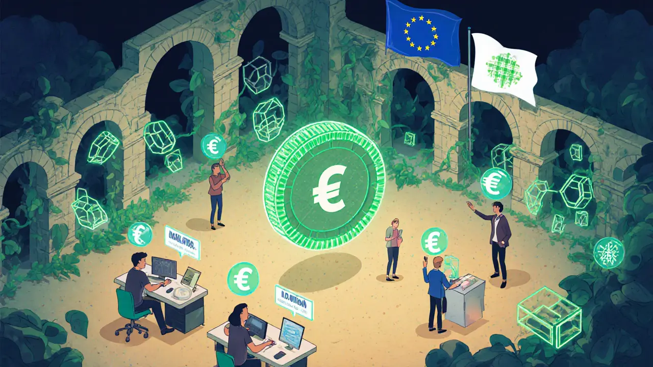 Illustration of a futuristic sandbox in Malta showing grant funding, staking credits, and EU alignment.