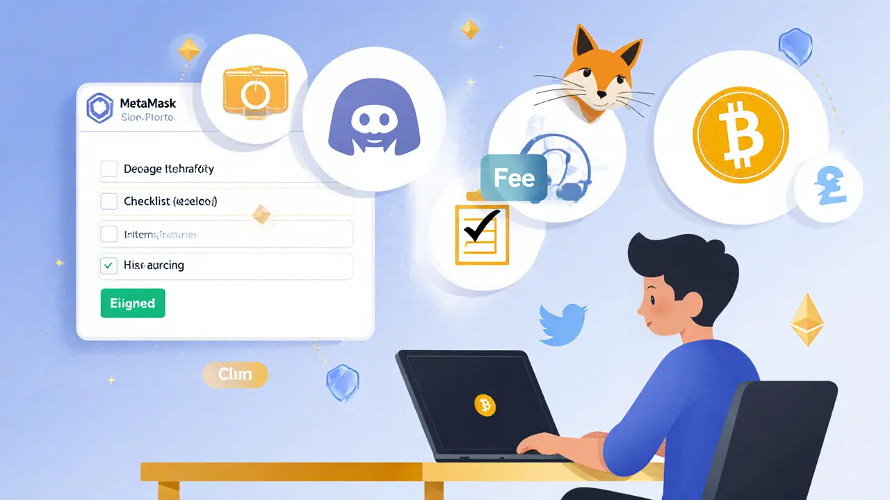 Illustration of a user claiming the SHO airdrop via MetaMask on a laptop, showing wallet connection and gas fee icons.