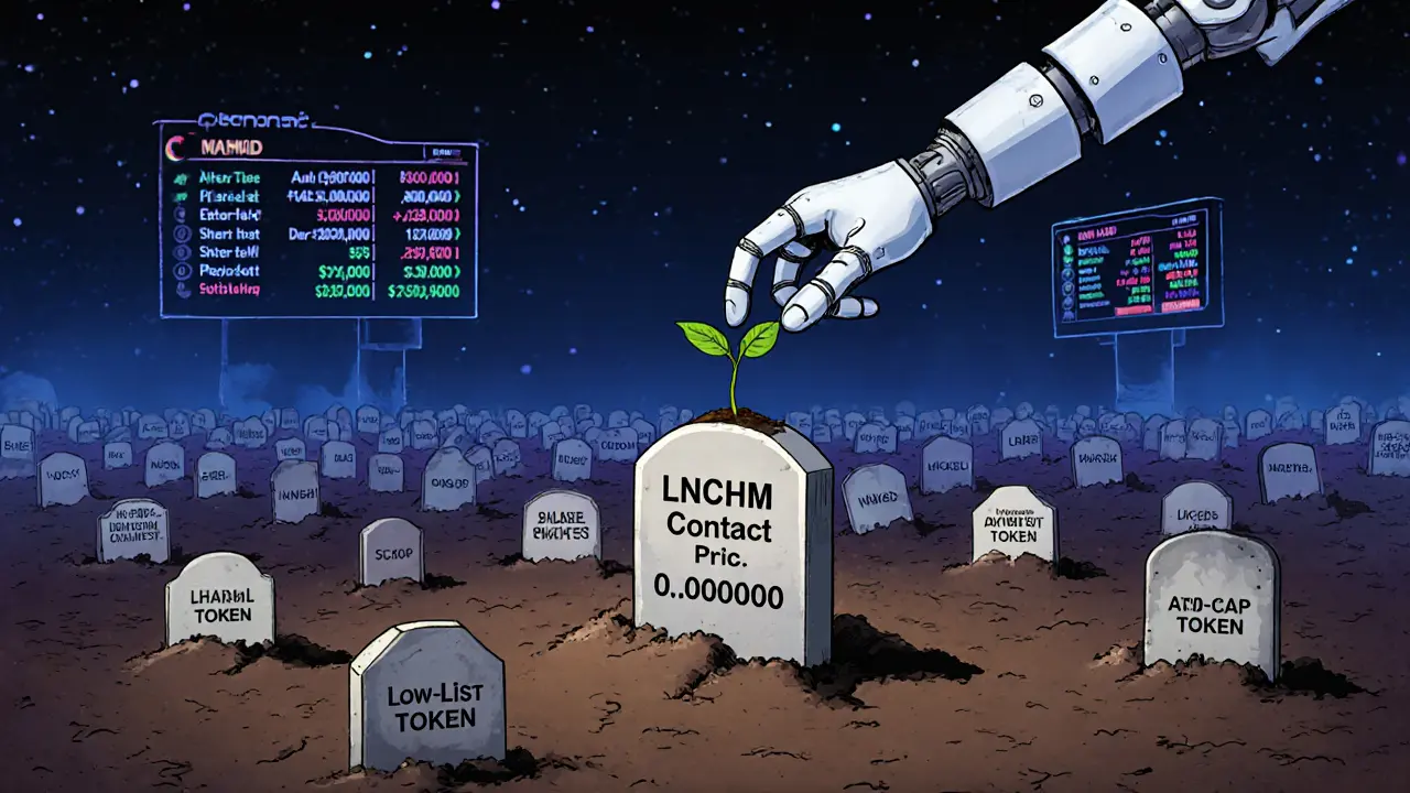 Launchium is buried in a crypto graveyard with a <h2>What’s the risk? Everything.</h2> price tombstone, while a bot plants new low-cap tokens.