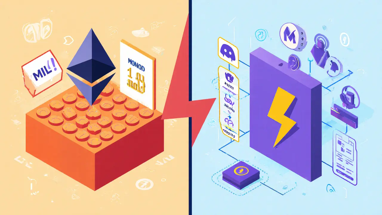 Side‑by‑side cartoon comparison of 1MillionNFTs and Monad with a checklist for airdrops.