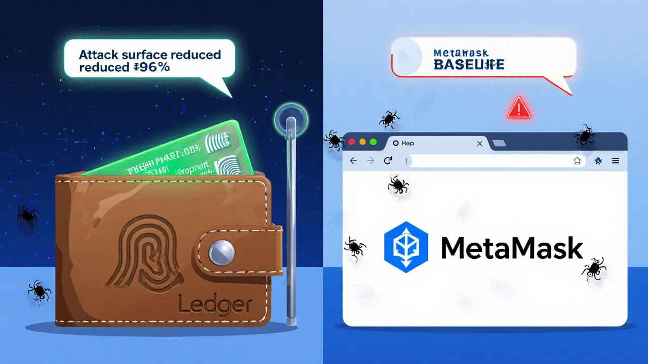 Side‑by‑side cartoon of a Ledger hardware wallet versus MetaMask browser extension.