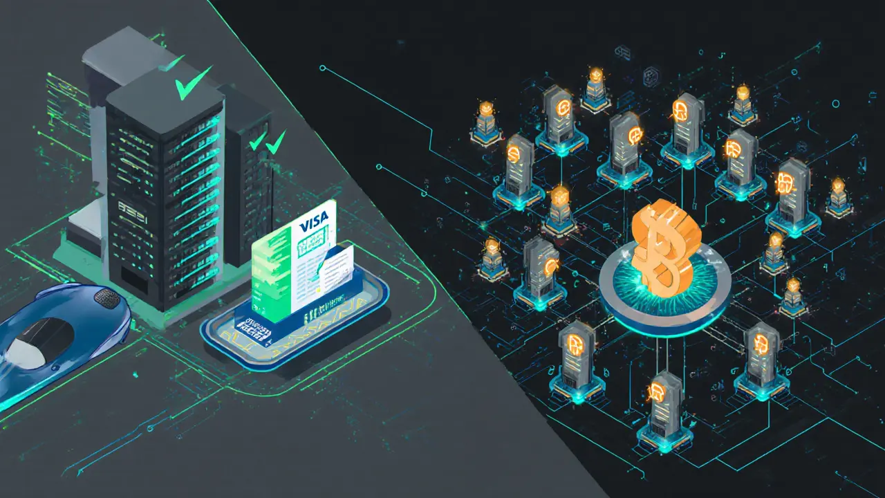 Side-by-side comparison of fast Visa transactions vs. slow blockchain verification network, shown in technical illustration style.