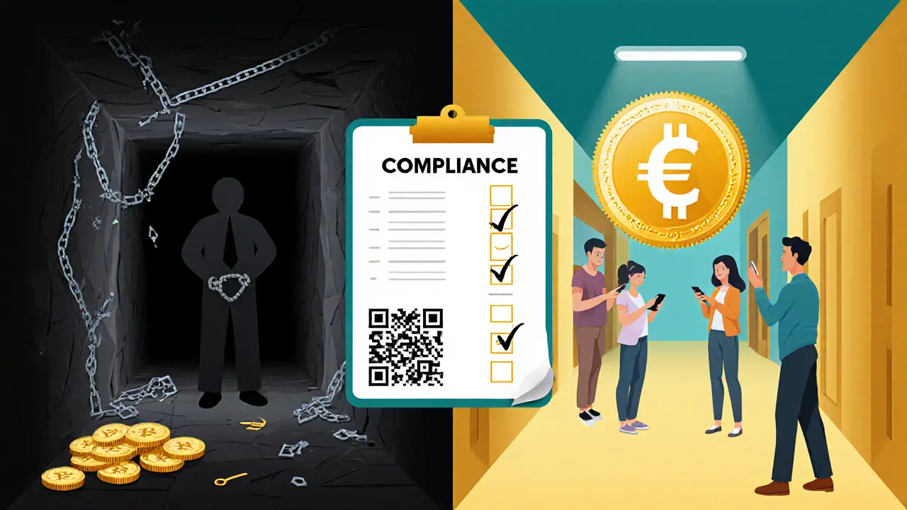 Side‑by‑side scene of illegal crypto darkness versus bright e‑CNY digital yuan corridor.