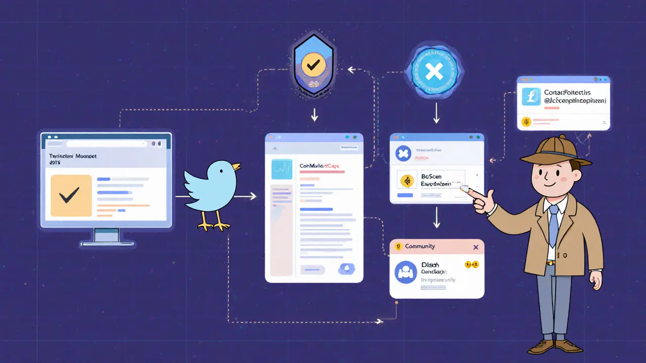 Step‑by‑step cartoon guide verifying a legitimate POTS airdrop via official sites.
