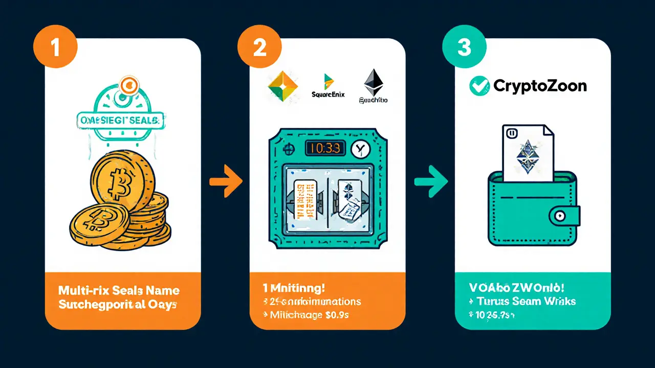 Step‑by‑step cartoon of OAS locked in a vault and WOAS minted for a wallet.