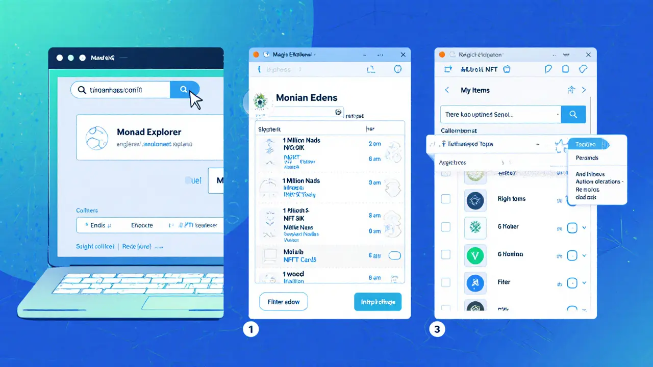 Step‑by‑step cartoon showing wallet lookup in Monad Explorer and Magic Eden.
