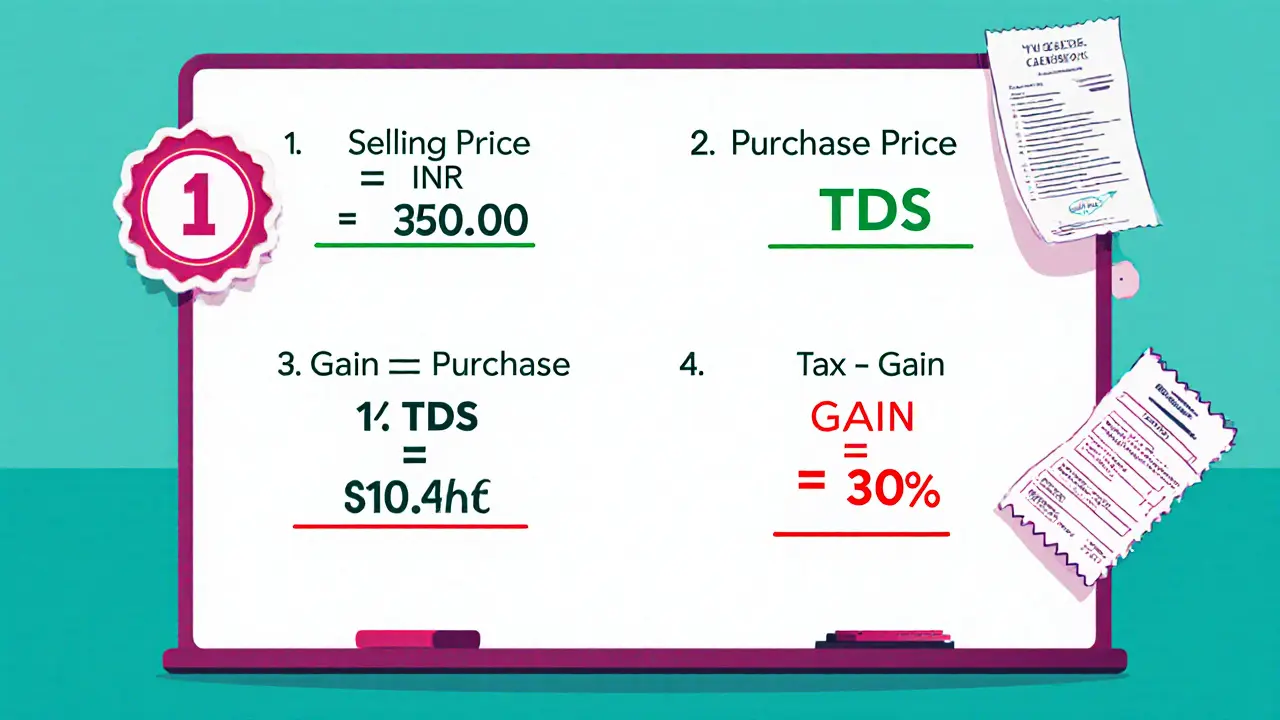 Technical board showing selling price, purchase price, gain, and 30% tax with TDS and GST icons.
