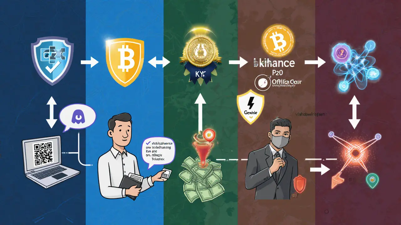 Technical cartoon diagram of legal crypto platforms, underground cash dealers, and money‑launderers connected by transaction arrows.