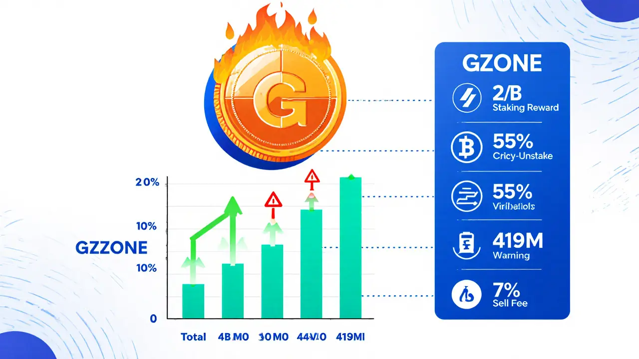 Technical chart of GZONE token showing burn, staking rewards, and supply breakdown.