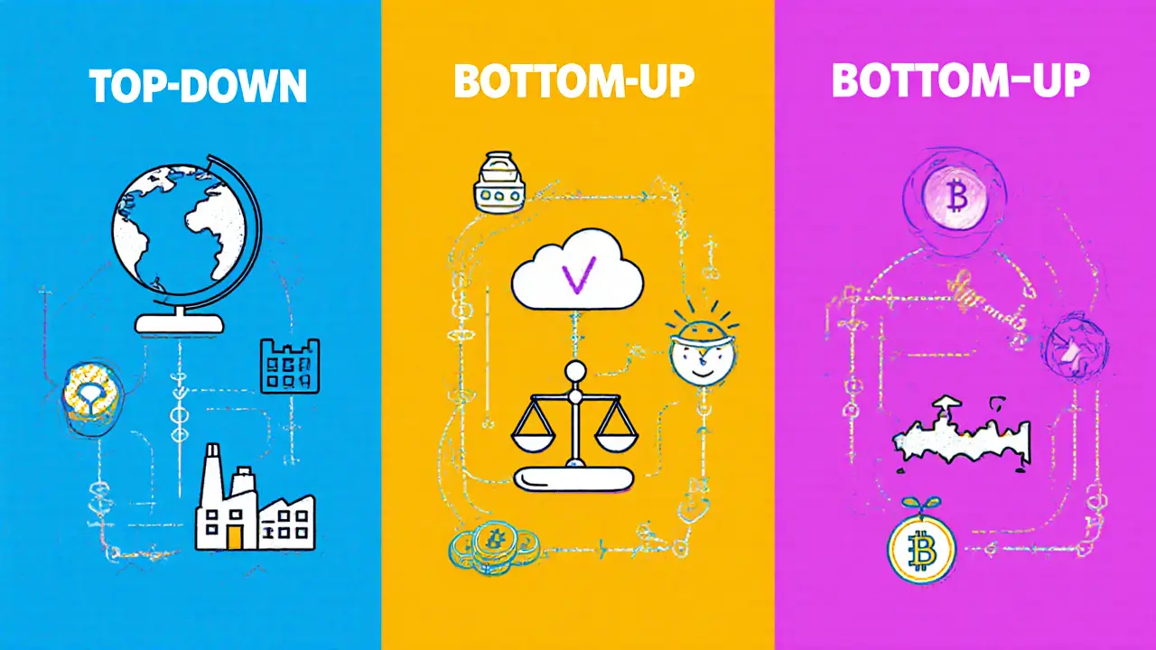 Three panels showing Top‑Down, Bottom‑Up, and Hybrid analysis flowcharts.