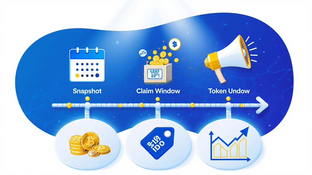 Timeline showing snapshot, claim, unlock and paths to liquidity, IDO, trade.