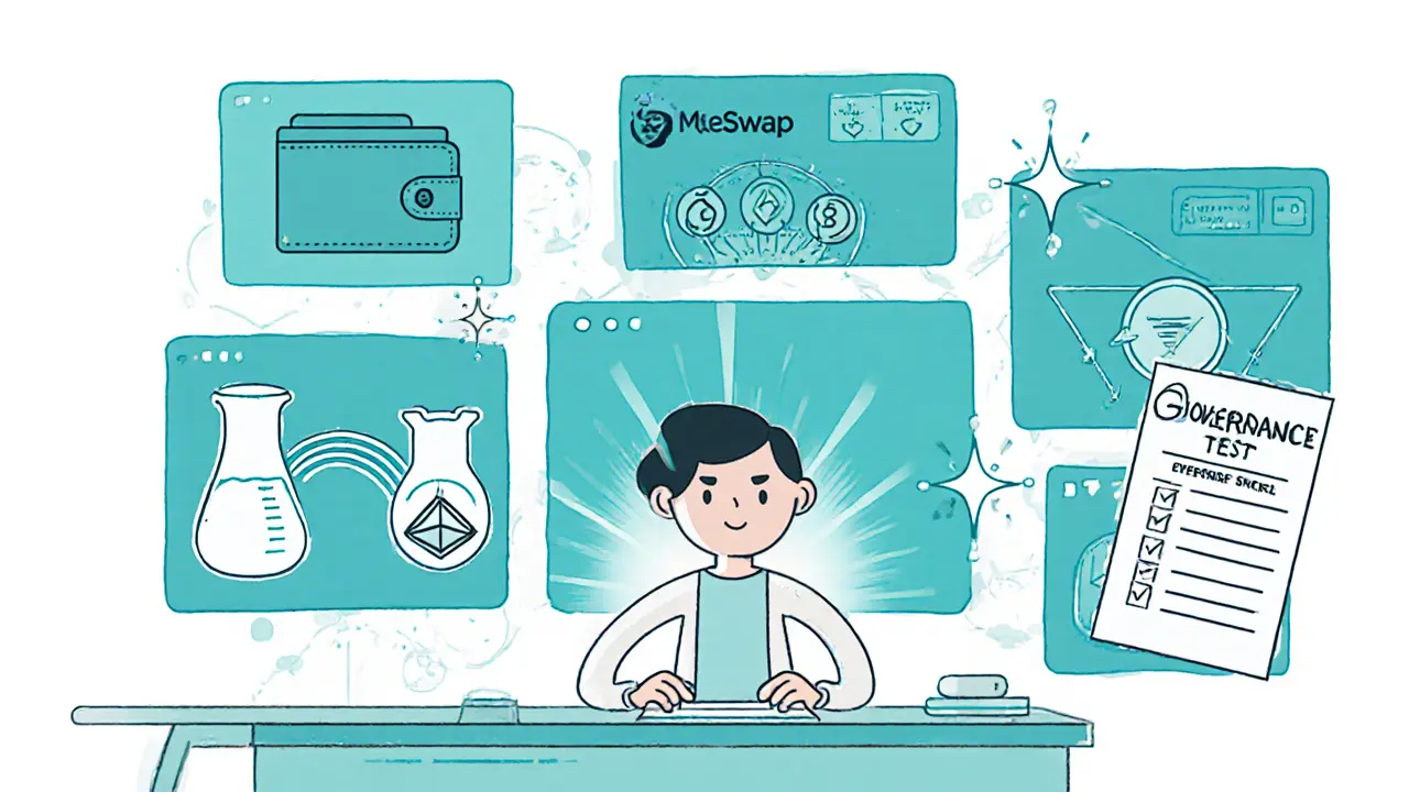 User at a desk interacting with wallet, swap, liquidity, bridge, and voting icons.