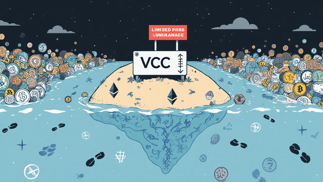 VCC Exchange as a small island with only two coins, surrounded by massive global exchanges full of trading pairs.