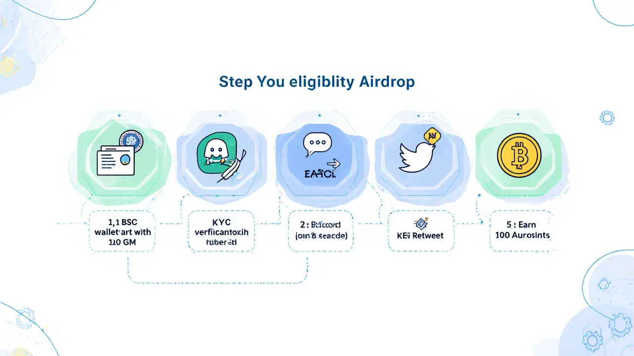 Vertical flowchart showing wallet, KYC, Discord, Twitter, and Au points steps for the airdrop.