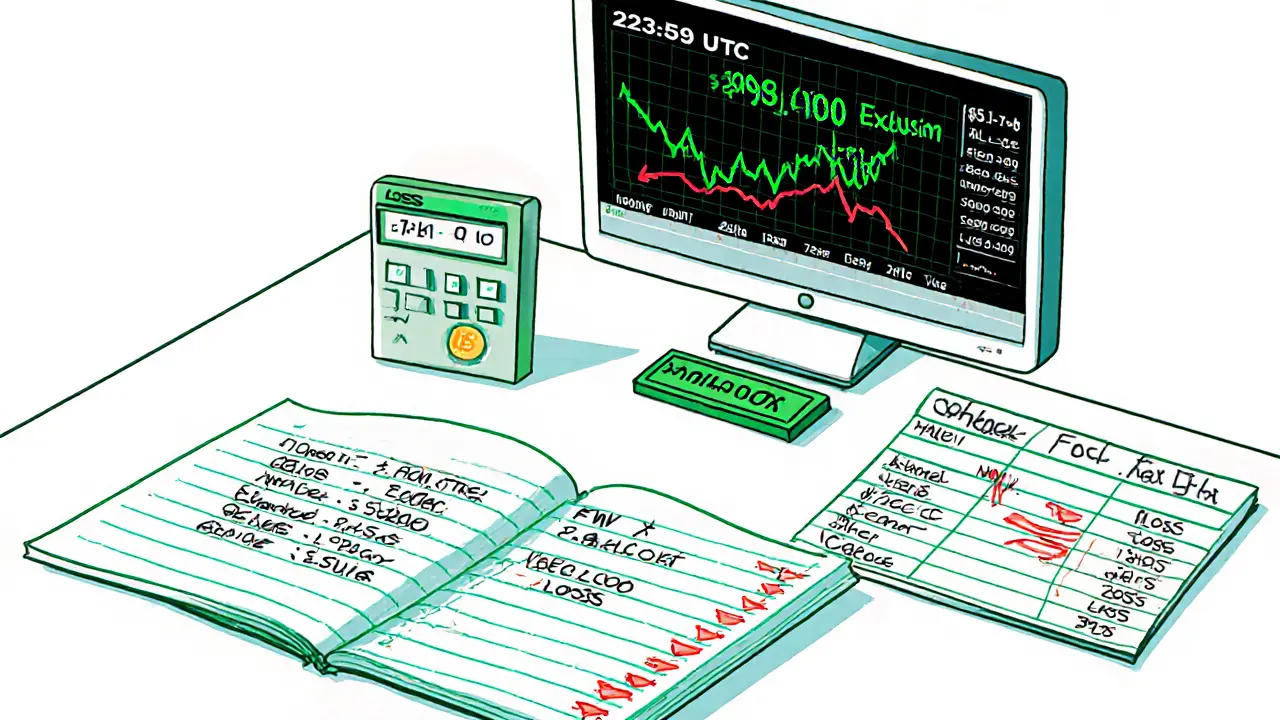 Workstation showing timestamp, price chart, ledger, and calculator for crypto exit tax.