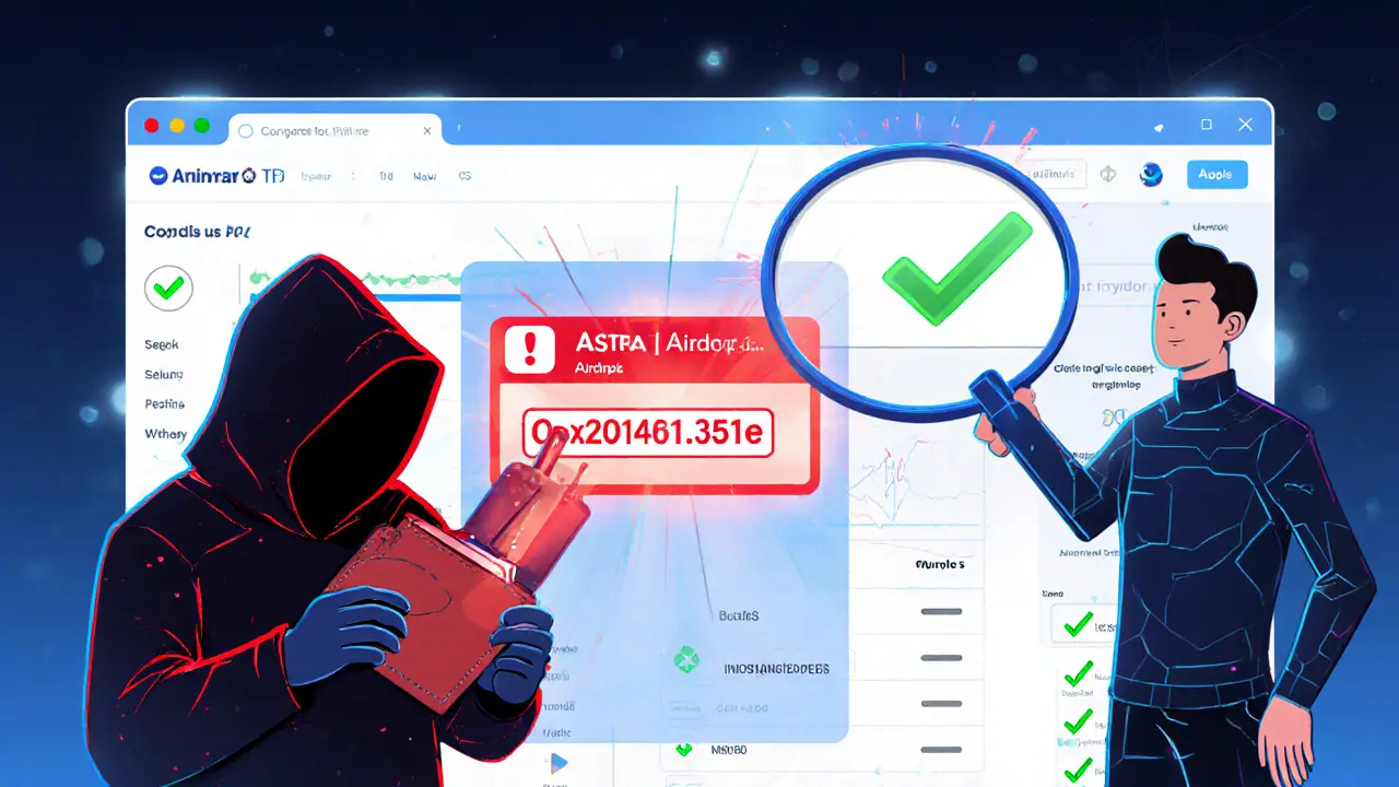A hacker attempting to steal crypto via fake airdrop, contrasted with a user verifying the real contract address.