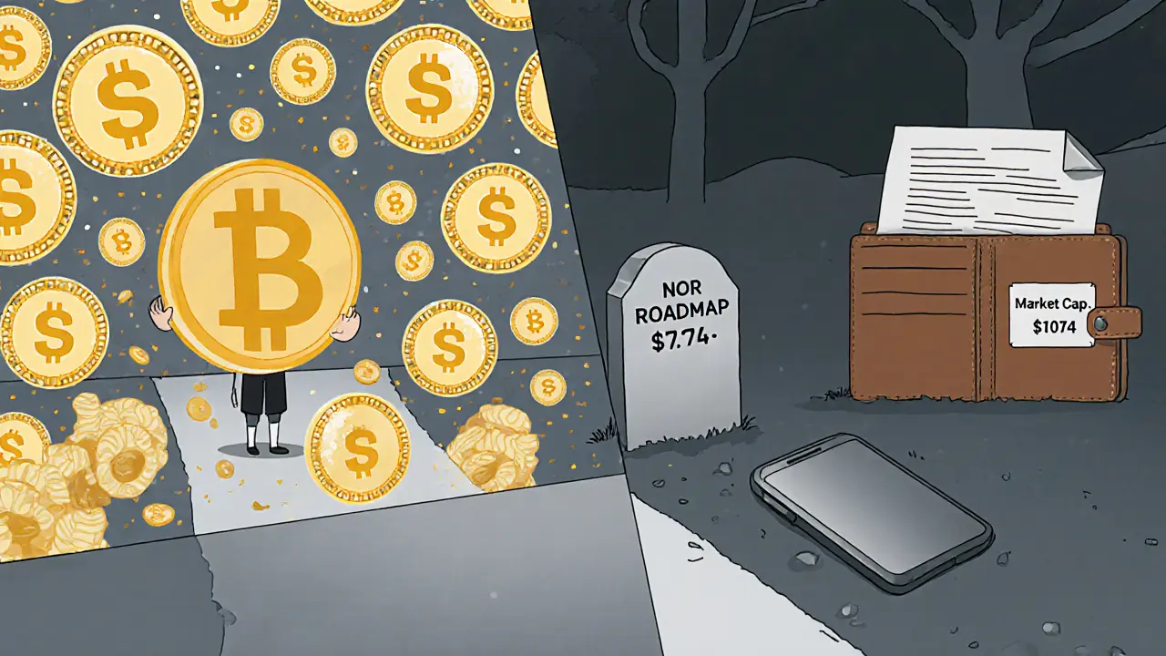 A holder surrounded by tokens receiving rewards on one side, an empty wallet on the other, with a &#039;No Roadmap&#039; dead end.